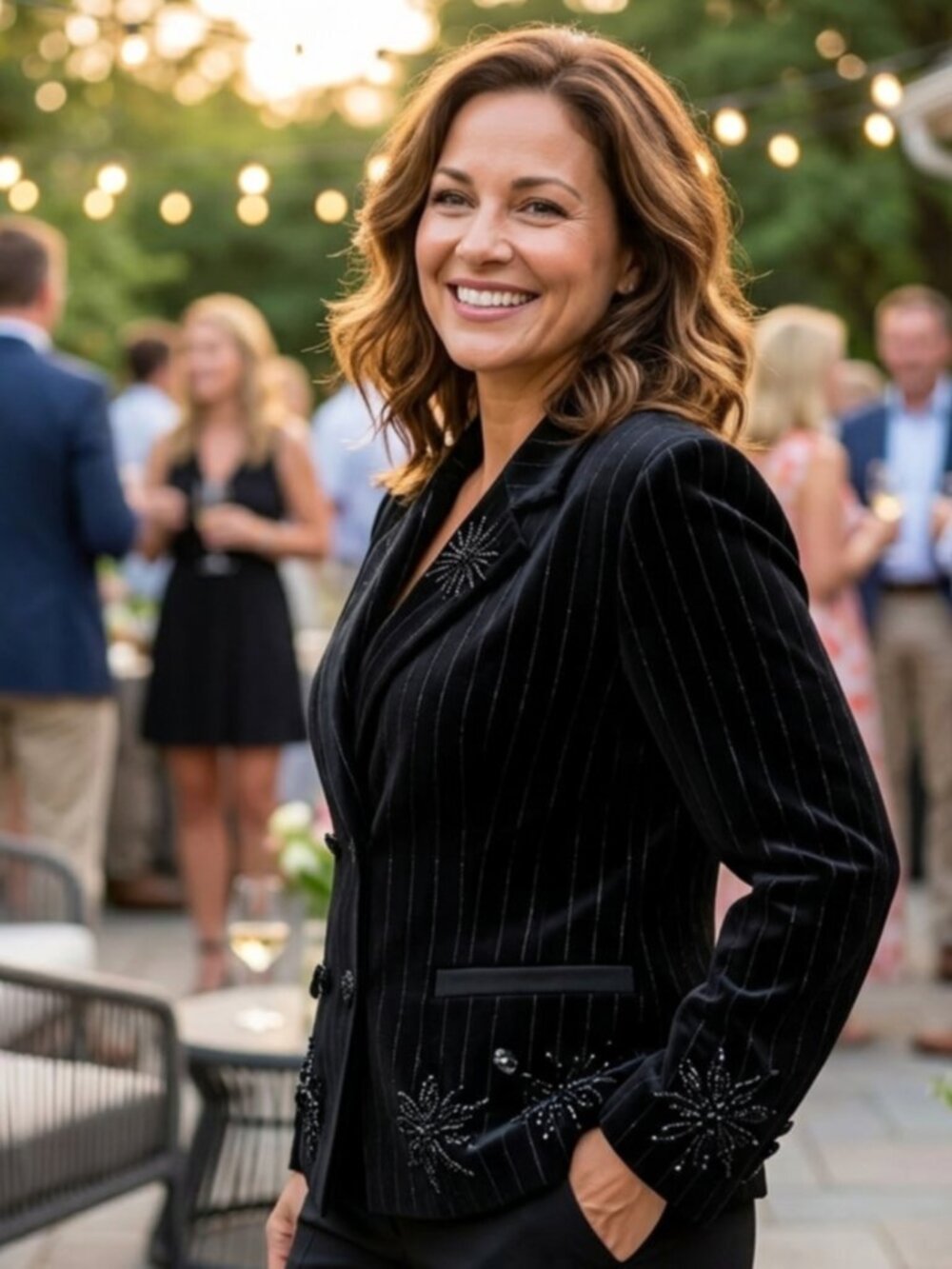 Simon Chang Pinstripe Starburst Sequins Blazer